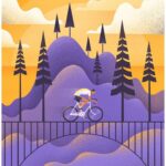 illustrator character cycling on a bridge